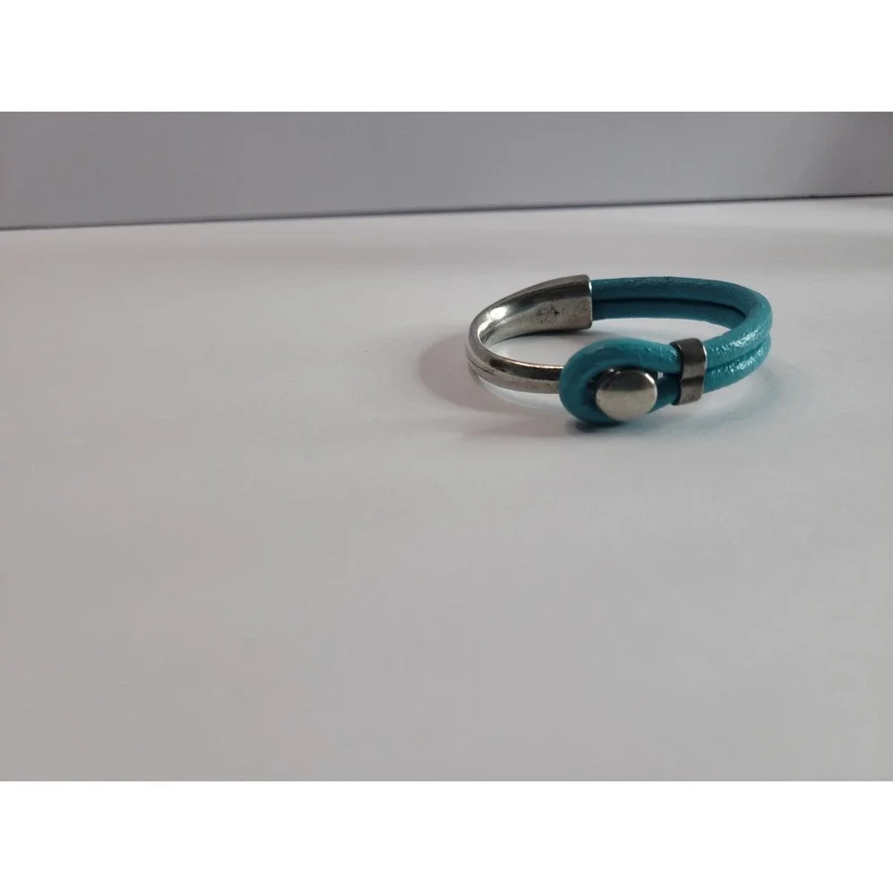Blue Faux Leather Silver Tone Mixed Media Cuff Bracelet Modern Statement Jewelry
